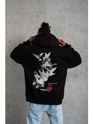 Tarz Yeri Erkek 3 Iplik Pamuklu Kapüşonlu Baskılı Cepli Oversize Sweatshirt Hoodie - Siyah