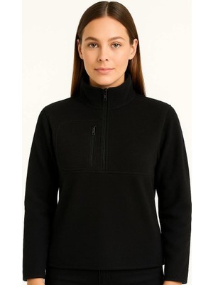 Tarz Yeri Kadın Polar Kazak Dik Yaka Yarım Fermuarlı Fermuarlı Göğüs Cepli Siyah Biyeli - Siyah