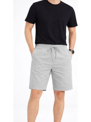 Tarz Yeri Erkek Keten Kumaş Cepli Rahat Kesim Bel Lastikli Şort - Gri