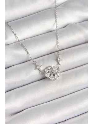 Uravas Store Çelik Gümüş Renk Zirkon Taşlı Hilal Model Kadın Kolye