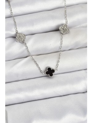 Uravas Store Çelik Zincir Gümüş Renk Siyah Zirkon Taşlı Baby Boy Yonca Kadın Kolye