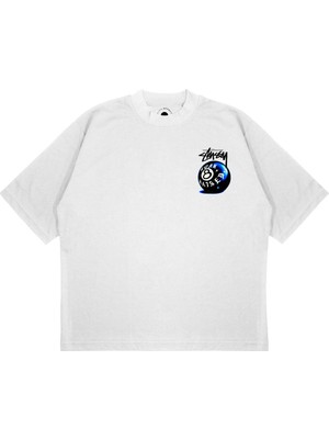 Pure Effect Unisex Mavı Bılardo Topu Baskılı Boxy Fit Kalın Kumaşlı T-Shirt