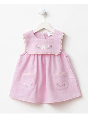 Magu Kız Çocuk Pamuklu Pembe Tavşan Nakışlı Cepli Elbise