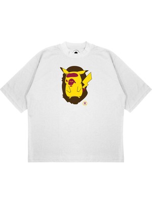 Pure Effect Unisex Oversize Bape Pıkachu Baskılı Boxy Fit Kalın Kumaşlı T-Shirt