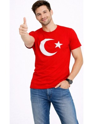 Tarz Yeri Erkek T-Shirt Kısa Kol Bisiklet Yaka Ay Yıldız Bayrak Baskılı Tişört - Kırmızı