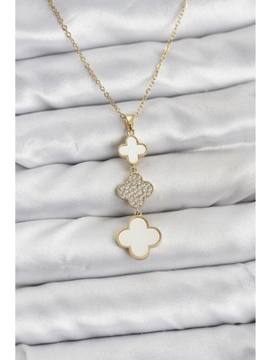 Uravas Store Çelik Zincir Gold Renk Yonca Detaylı Zirkon Taşlı Kadın Kolye