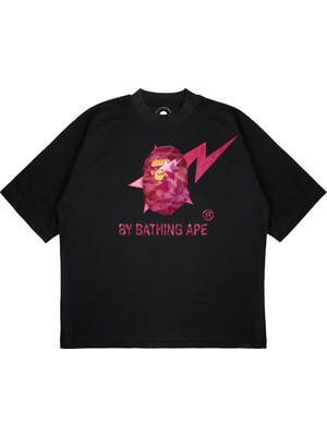 Pure Effect Unisex Oversize Bathıng Pembe Şimşek Baskılı Boxy Fit Kalın Kumaşlı T-Shirt