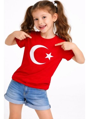 Kız Çocuk Tişört Bisiklet Yaka Ay Yıldız Bayrak Baskılı T-Shirt - Kırmızı