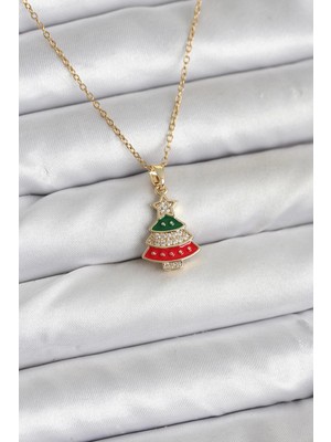 Uravas Store Çelik Zincir Gold Ren Çam Ağacı Model Zirkon Taşlı Yılbaşı Temalı Kadın Kolye