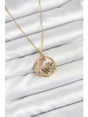 Uravas Store Çelik Zincir Gold Renk Zirkon Taşlı Kelebekli Kadın Kolye