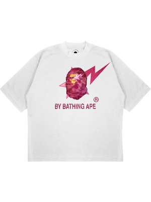 Pure Effect Unisex Oversize Bathıng Pembe Şimşek Baskılı Boxy Fit Kalın Kumaşlı T-Shirt