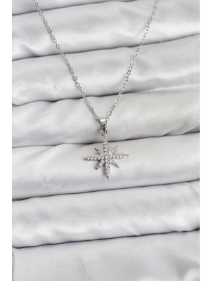 Uravas Store Çelik Zincir Gümüş Renk Kutup Yıldızı Model Zirkon Taşlı Kadın Kolye