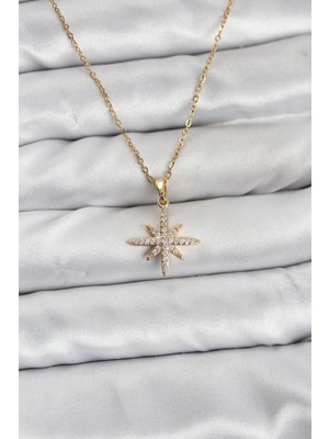 Uravas Store Çelik Zincir Gold Renk Kutup Yıldızı Model Zirkon Taşlı Kadın Kolye