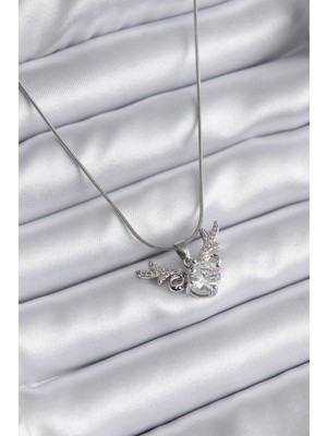 Uravas Store Çelik Gümüş Renk Zirkon Taşlı Boynuz Model Kadın Kolye