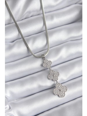 Uravas Store Çelik Gümüş Renk Italyan Zincir Zirkon Taşı Yonca Model Kadın Kolye