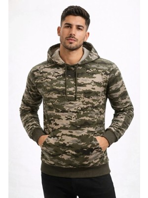 Tarz Yeri Erkek Kamuflaj Desenli 2 Iplik 4 Mevsim Kapüşonlu Kanguru Cepli Hoodie Sweatshirt - Kamuflaj