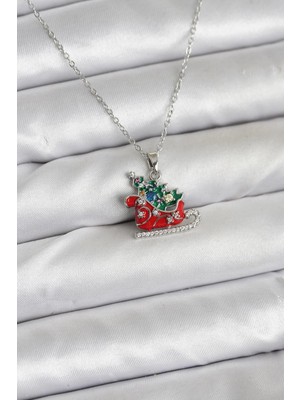 Uravas Store Çelik Zincir Gümüş Renk Kızak Çam Ağacı Figürlü Yılbaşı Temalı Kadın Kolye