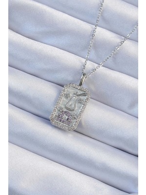 Uravas Store Çelik Zincir Gümüş Renk Lila Zirkon Taşlı Tarot Kolye