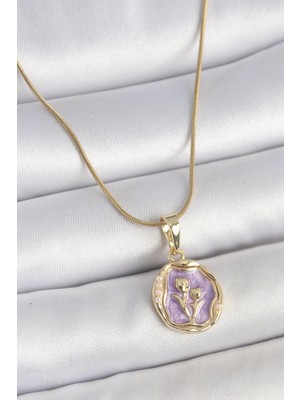Uravas Store Çelik Gold Renk Zincir Mor Mineli Çiçek Işlemeli Portre Model Kadın Kolye