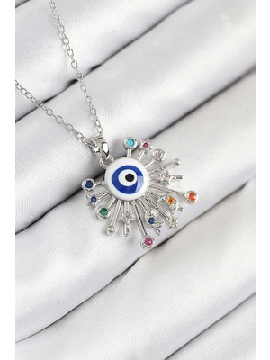 Uravas Store Çelik Zirkon Taşlı Nazar Model Gümüş Renk Kadın Kolye