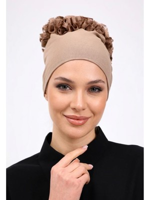 Alivascarf Fırfırlı Dikişsiz Penye Bone Vizon - Kadın Tesettür Bağlamalı Topuz Iç Bone Kahve