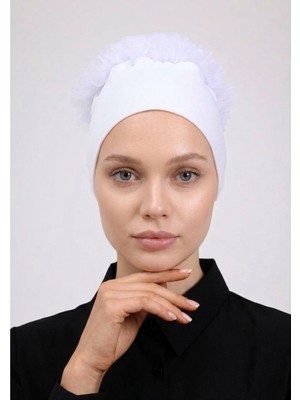 Alivascarf Fırfırlı Dikişsiz Penye Bone Beyaz- Kadın Tesettür Bağlamalı Topuz Iç Bone