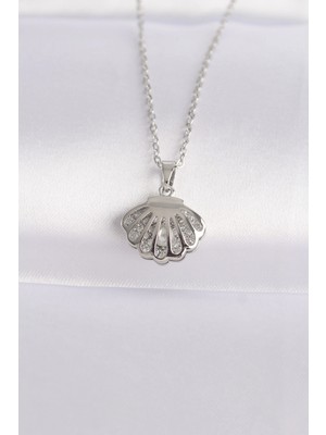 Uravas Store Çelik Zincir Gümüş Renk Zirkon Taşlı Inci Detay Istiridye Kolye