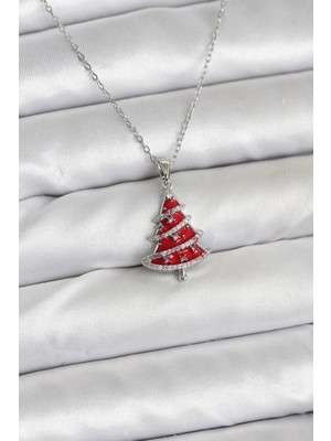 Uravas Store Çelik Zincir Gümüş Renk Kırmızı Çam Ağacı Model Yılbaşı Temalı Kadın Kolye