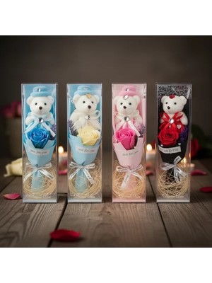 Uravas Store Şeffaf Kutulu Ayıcıklı Gül Buketi