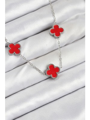 Uravas Store Çelik Zincir Gümüş Kırmızı Renk Yonca Kadın Kolye