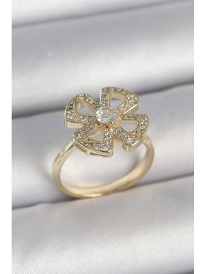 Uravas Store Pirinç Gold Renk Zirkon Taşlı Yonca Model Ayarlanabilir Kadın Yüzük