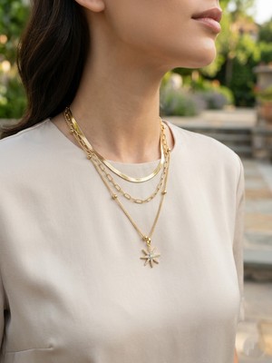 Museum Of You 14K Altın Kaplama 3'lü Kombin Kolye - Yıldız Figürlü Italyan Ezme Zincir ve Ataç Zincir Seti