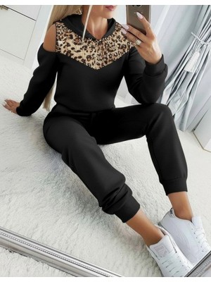 Marsilyan- Kadın Uzun Kollu Omuzlardan Açık Leopar Desenli Kapşonlu Viskon Iki Iplik Bluz ve Pantolon Ikili Takım