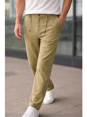 Tarz Yeri Erkek Keten Cepli Pantolon Lastikli Bel Bağcıklı Önden Fermuarlı - Mint Yeşili