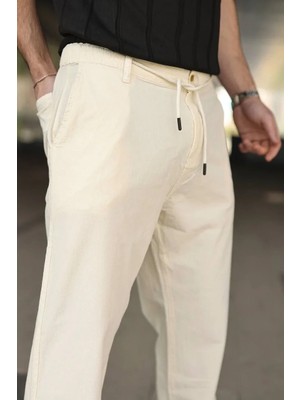 Erkek Keten Cepli Pantolon Lastikli Bel Bağcıklı Önden Fermuarlı - Krem