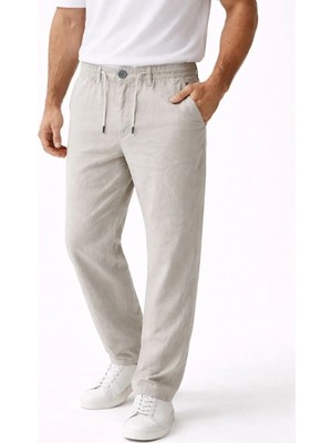 Erkek Keten Cepli Pantolon Lastikli Bel Bağcıklı Önden Fermuarlı - Gri