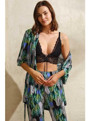 Marsilyan- Viskon Yaprak Baskılı Sabahlık Balensiz Desteksiz Dolgusuz Dantelli Bralet Sütyen ve Pantolon Pijama 3'lü Takım