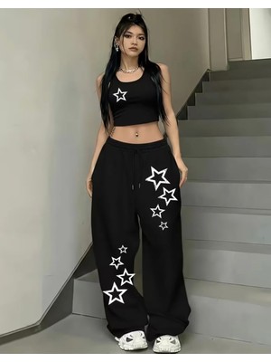 Punix Özel Seri Yıldızlar Baskılı %100 Pamuk Ispanyol Paça Hip Hop Kolsuz Yazlık Crop Kadın Eşofman Takımı