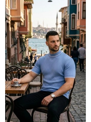 Tarz Yeri Erkek Fitilli Triko Dokuma Kısa Kol Tişört Yarım Boğaz Modern Yazlık T-Shirt - Bebe Mavisi