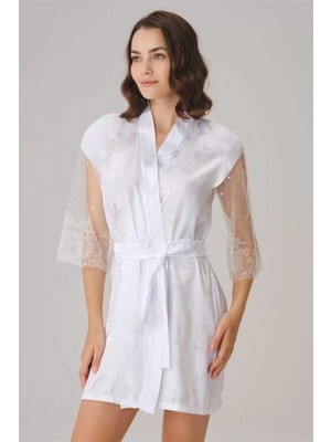 Marsilyan- Çeyizlik Uzun Kol V Yaka Saten Düz Yazlık Mini Dantel Detaylı Sabahlık