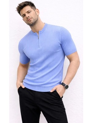 Tarz Yeri Erkek Kısa Kol Fitilli Triko T-Shirt Yazlık Hakim Yaka Tişört - Bebek Mavisi
