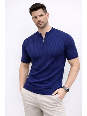 Tarz Yeri Erkek Kısa Kol Fitilli Triko T-Shirt Yazlık Hakim Yaka Tişört - Lacivert