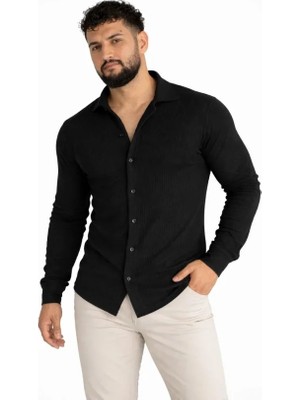 Marsilyan Erkek Waffle Kumaş Uzun Kollu Düğmeli Açık Yaka Regular Fit Gömlek - Siyah