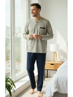 Erse Interlok Üç Düğmeli Bej Erkek Pijama Takım 332