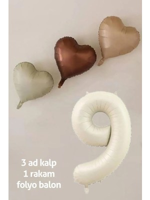 İrem Parti Dükkanı 9 Yaş Parti Retro Pastel Doğum Günü Seti 1 Adet Bej Krem Rakam Folyo, 3 Adet Kalp Folyo Balon