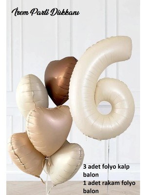 İrem Parti Dükkanı 6 Yaş Parti Retro Pastel Doğum Günü Seti 1 Adet Bej Krem Rakam Folyo, 3 Adet Kalp Folyo Balon