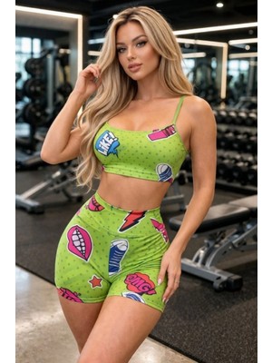 Marsilyan- Kadın Dijital Baslıkılı Büstiyer ve Şort Ikili Spor Takım