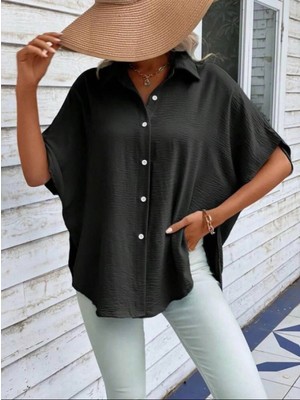 Marsilyan- Kadın Aerobin Kumaş Oversize Kısa Kollu Gömlek