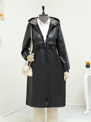 Modamorfo Tünel Bağcıklı Kapşonlu Fermuarlı Deri Kap -Siyah