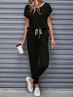 Marsilyan- Kadın Kısa Kollu Yuvarlak Yakalı Şerit Detaylı Viskon Iki Iplik Bluz ve Pantolon Ikili Takım